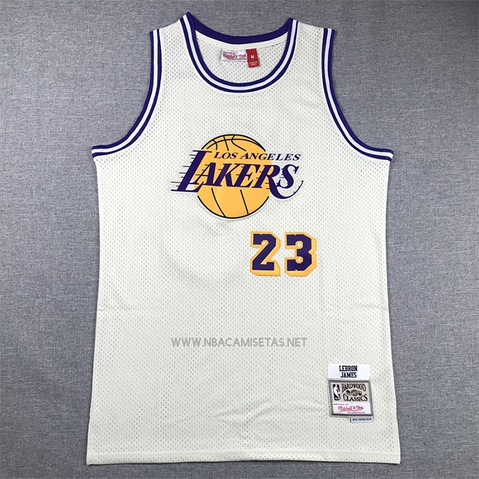 Camiseta Los Angeles Lakers Lebron James NO 23 Mitchell & Ness Chainstitch Crema
